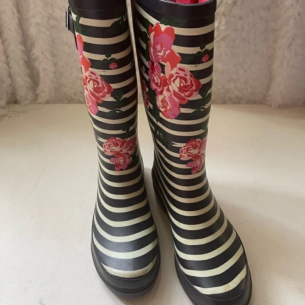 Austin Trading black and white stripes with pink roses rain boots size 8